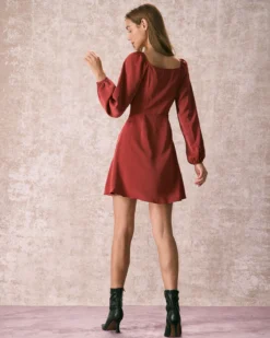 The Brick Red V Neck Button Mini Dress -Deals Dress N Swimwear Store 240109 RIHOAS.811