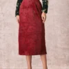The Wine Red Split Hem Velvet Midi Skirt