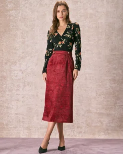 The Wine Red Split Hem Velvet Midi Skirt -Deals Dress N Swimwear Store 240126 RIHOAS 1123