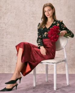 The Wine Red Split Hem Velvet Midi Skirt -Deals Dress N Swimwear Store 240126 RIHOAS 1133