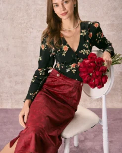 The Wine Red Split Hem Velvet Midi Skirt -Deals Dress N Swimwear Store 240126 RIHOAS 1143