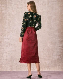 The Wine Red Split Hem Velvet Midi Skirt -Deals Dress N Swimwear Store 240126 RIHOAS 1169