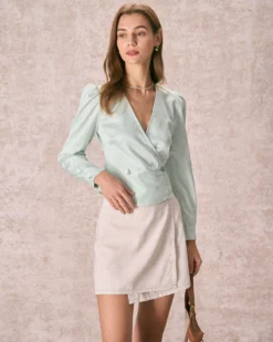 The Green V Neck Textured Button Blouse