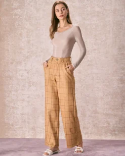 The Khaki High Waisted Plaid Wide Leg Pants 8 The Khaki High Waisted Plaid Wide Leg Pants -Deals Dress N Swimwear Store 240126 RIHOAS 1297