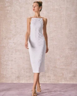 The White Floral Textured Pearl Slip Midi Dress -Deals Dress N Swimwear Store 240126 RIHOAS 1845