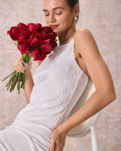 The White Floral Textured Pearl Slip Midi Dress -Deals Dress N Swimwear Store 240126 RIHOAS 1882