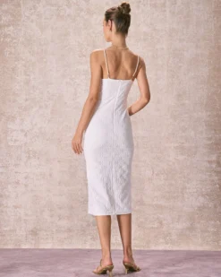 The White Floral Textured Pearl Slip Midi Dress -Deals Dress N Swimwear Store 240126 RIHOAS 1890