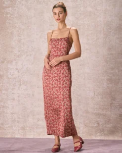 The Brick Red Floral Slit Maxi Dress