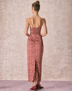 The Brick Red Floral Slit Maxi Dress -Deals Dress N Swimwear Store 240126 RIHOAS 2201