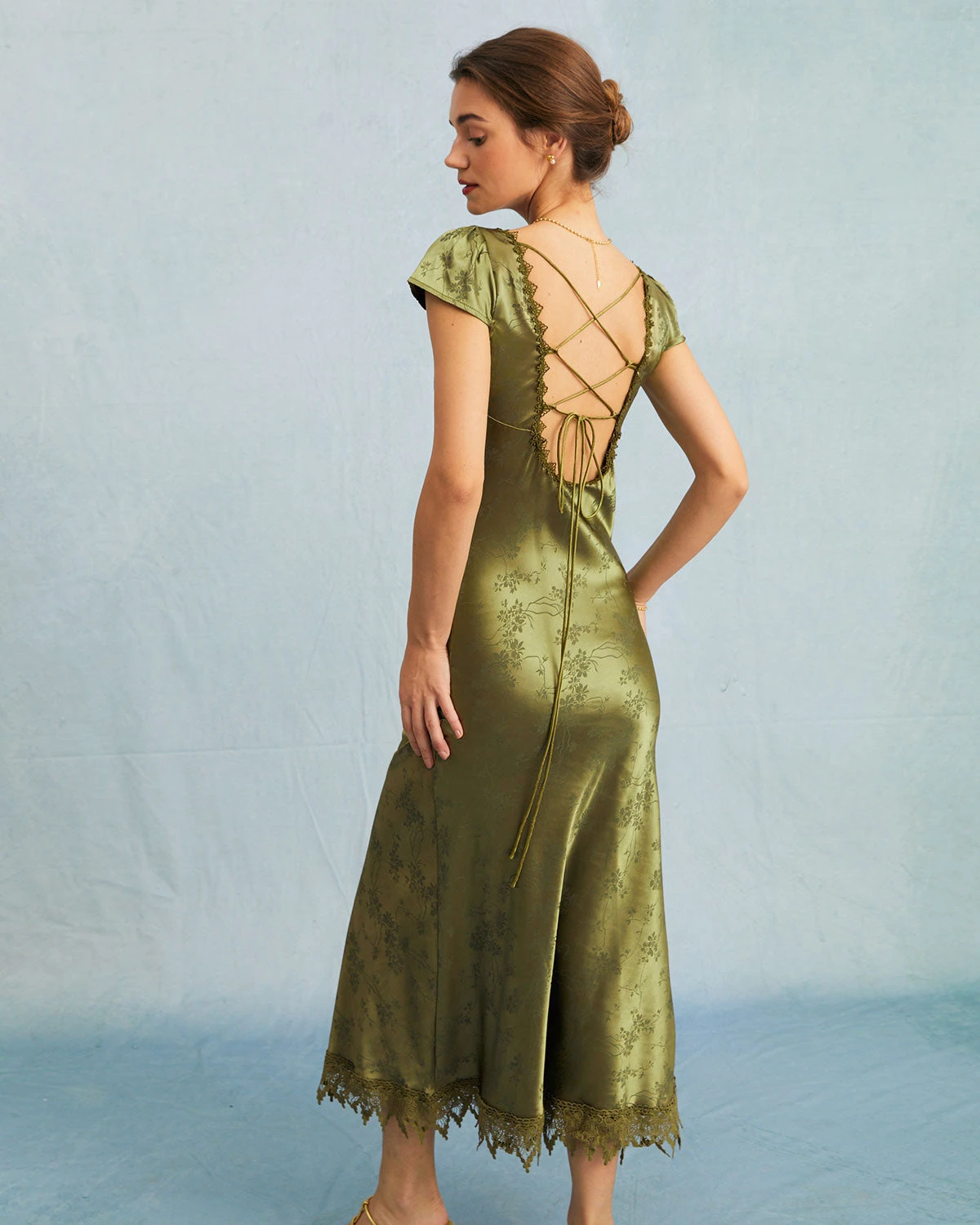 The Green Jacquard Cap Sleeve Satin Midi Dress 6 The Green Jacquard Cap Sleeve Satin Midi Dress - Image 6