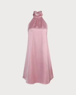 The Pink Halter Satin A-line Mini Dress -Deals Dress N Swimwear Store 4 1 195108