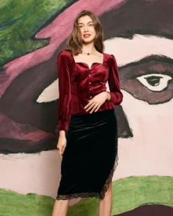 The Solid Lantern Sleeve Velvet Blouse 9 The Solid Lantern Sleeve Velvet Blouse -Deals Dress N Swimwear Store RIHOAS0516