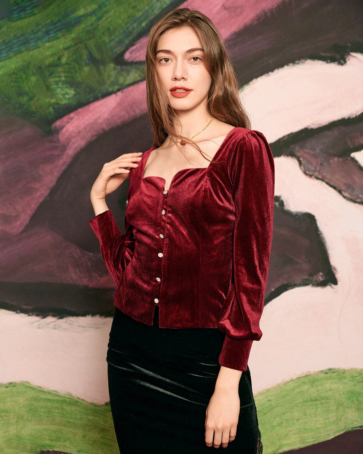 The Solid Lantern Sleeve Velvet Blouse 1 The Solid Lantern Sleeve Velvet Blouse