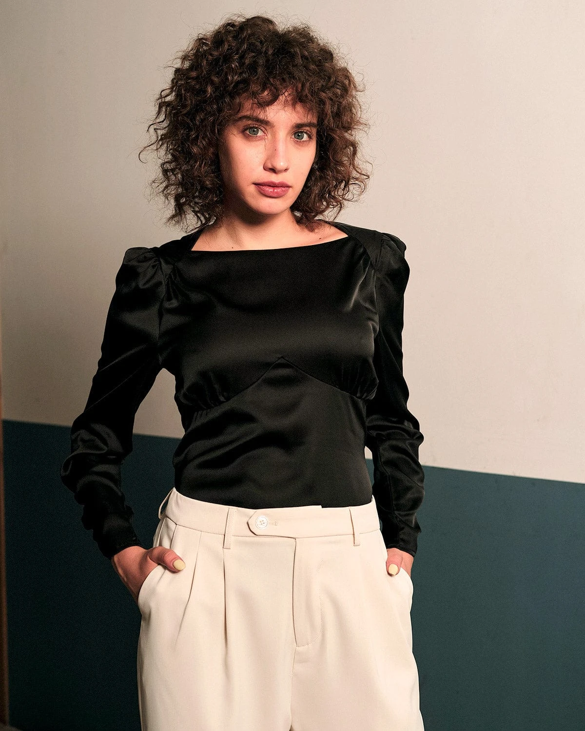 The Solid Puff Sleeve Tie-back Satin Blouse 3 The Solid Puff Sleeve Tie-back Satin Blouse - Image 3