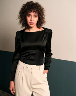 The Solid Puff Sleeve Tie-back Satin Blouse