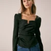 The Black Square Neck Ruched Satin Blouse