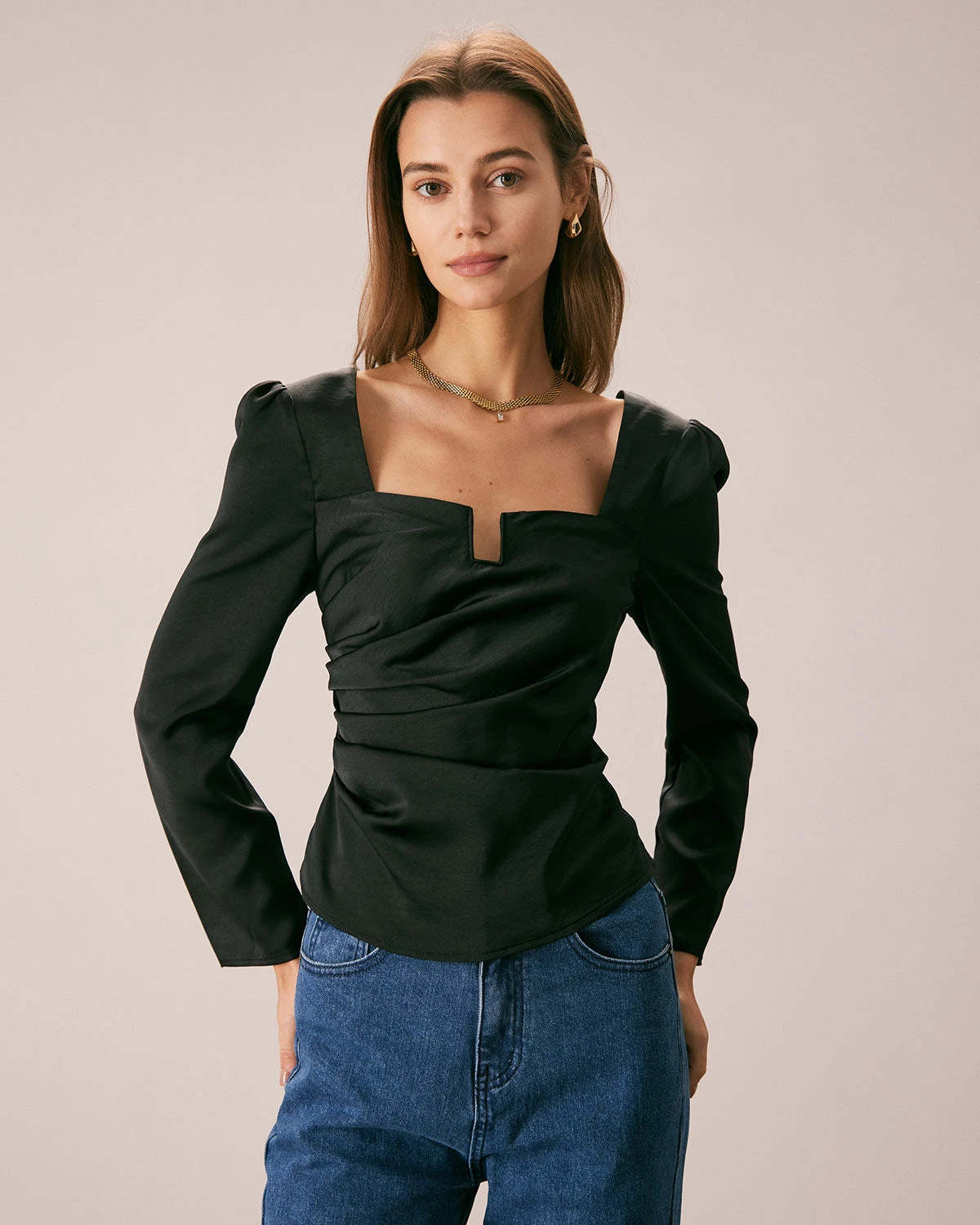 The Black Square Neck Ruched Satin Blouse 3 The Black Square Neck Ruched Satin Blouse - Image 3