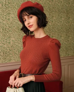 The Solid Puff Sleeve Slim-fitting Knit Top -Deals Dress N Swimwear Store RW96350B0209B