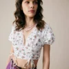 The Rose Print Drawstring Crop Blouse