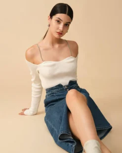 The Ribbed Chain Strap Long Sleeve Knit Top -Deals Dress N Swimwear Store knit tops the ribbed chain strap long sleeve knit top 38477716455637