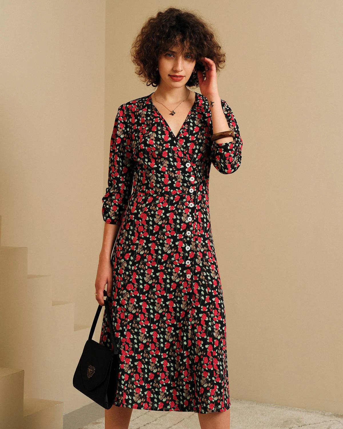 The V Neck Button Floral Midi Dress 2 The V Neck Button Floral Midi Dress - Image 2