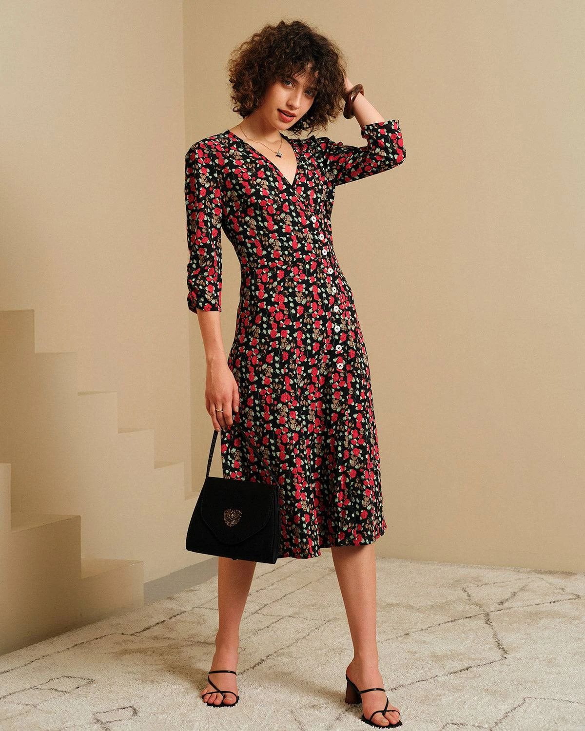 The V Neck Button Floral Midi Dress 4 The V Neck Button Floral Midi Dress - Image 4