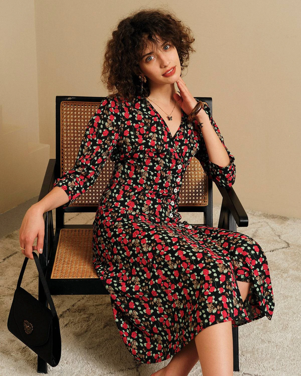 The V Neck Button Floral Midi Dress 1 The V Neck Button Floral Midi Dress