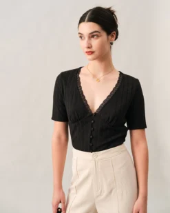 The Ribbed Lace Trim Tee -Deals Dress N Swimwear Store tees black xs the ribbed lace trim tee 38222100496597