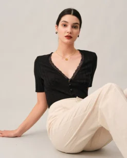 The Ribbed Lace Trim Tee -Deals Dress N Swimwear Store tees the ribbed lace trim tee 38222101348565