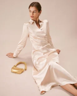 The Apricot Lapel Pleated Satin Maxi Dress -Deals Dress N Swimwear Store the apricot collared wrap satin maxi dress dresses lz6g4z