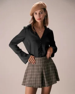 The Black Lapel Button Up Flare Sleeve Shirt