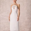 The Apricot Pearl Halter Satin Midi Dress