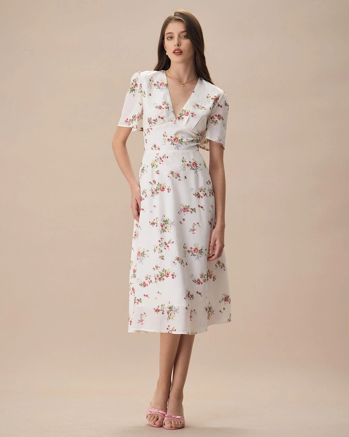 The Apricot V Neck Floral Ruched Midi Dress 3 The Apricot V Neck Floral Ruched Midi Dress - Image 3