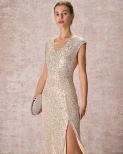 The Apricot V-Neck Sequin Maxi Dress -Deals Dress N Swimwear Store the apricot v neck sequin maxi dress dresses om26xv