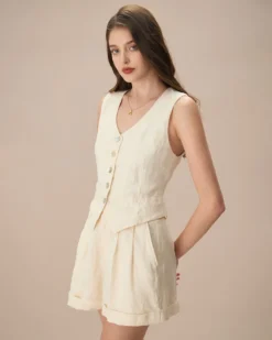The Apricot V Neck Button-Up Linen Vest 9 The Apricot V Neck Button-Up Linen Vest -Deals Dress N Swimwear Store the apricot v neck solid vest tops n6xve4
