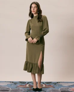 The Army Green Mock Neck Ruffle Midi Dress -Deals Dress N Swimwear Store the army green mock neck midi dress dresses femvyy 277870