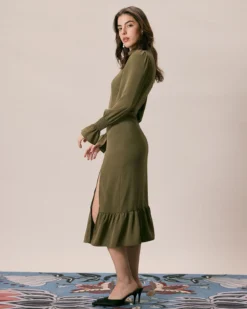 The Army Green Mock Neck Ruffle Midi Dress -Deals Dress N Swimwear Store the army green mock neck midi dress dresses qe45ex 296997