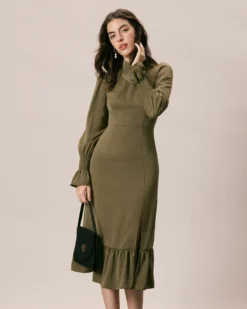 The Army Green Mock Neck Ruffle Midi Dress -Deals Dress N Swimwear Store the army green mock neck midi dress dresses v1slab
