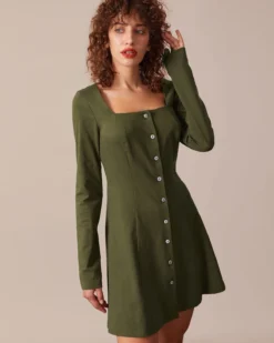 The Army Green Square Neck Button Mini Dress