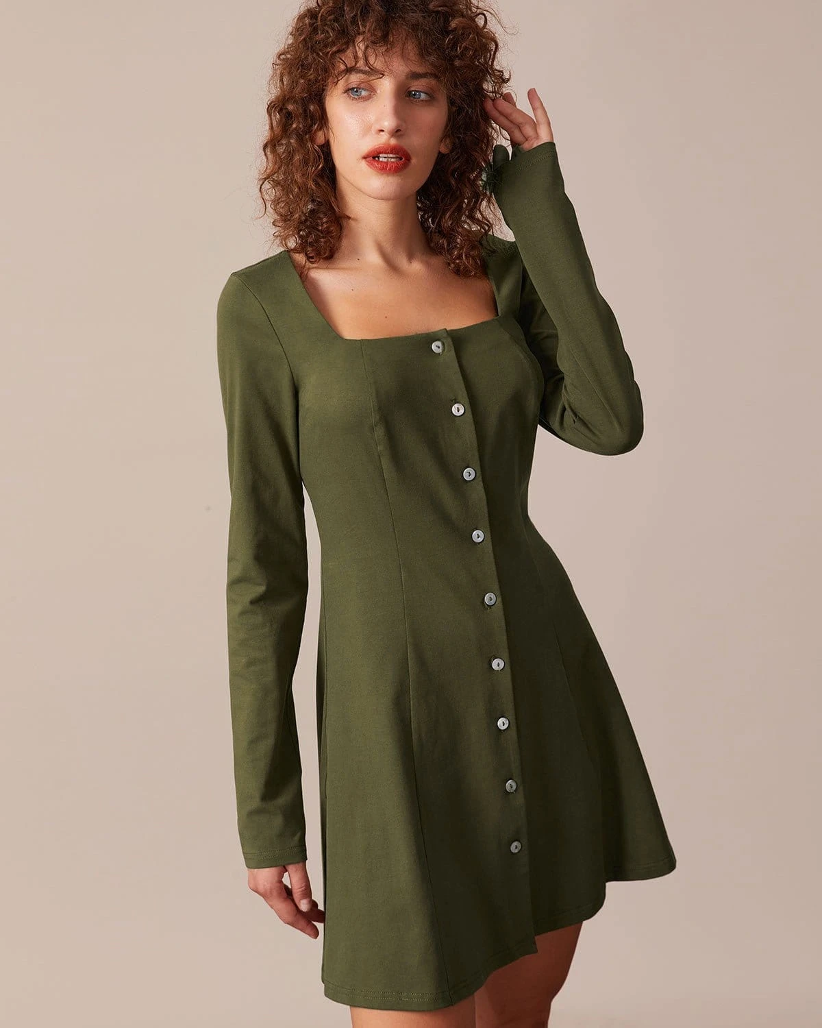 The Army Green Square Neck Button Mini Dress 1 The Army Green Square Neck Button Mini Dress