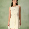 The Beige Boat Neck Button Mini Dress