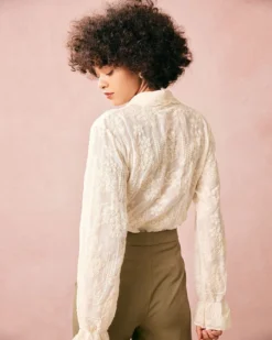 The Beige Lapel Embroidery Long Sleeve Blouse -Deals Dress N Swimwear Store the beige floral embroidery blouse tops z16bwb 571738