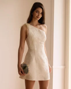 The Beige One-Shoulder Jacquard Mini Dress -Deals Dress N Swimwear Store the beige one shoulder jacquard mini dress dresses tqjunb
