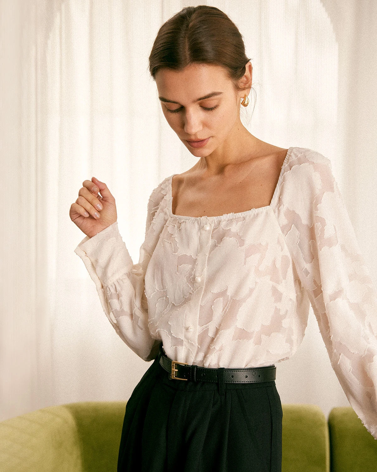 The Beige Square Neck Jacquard Blouse 1 The Beige Square Neck Jacquard Blouse