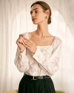 The Beige Square Neck Jacquard Blouse 8 The Beige Square Neck Jacquard Blouse -Deals Dress N Swimwear Store the beige square neck jacquard blouse tops 34txfc