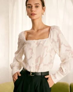 The Beige Square Neck Jacquard Blouse 7 The Beige Square Neck Jacquard Blouse -Deals Dress N Swimwear Store the beige square neck jacquard blouse tops u8edsr