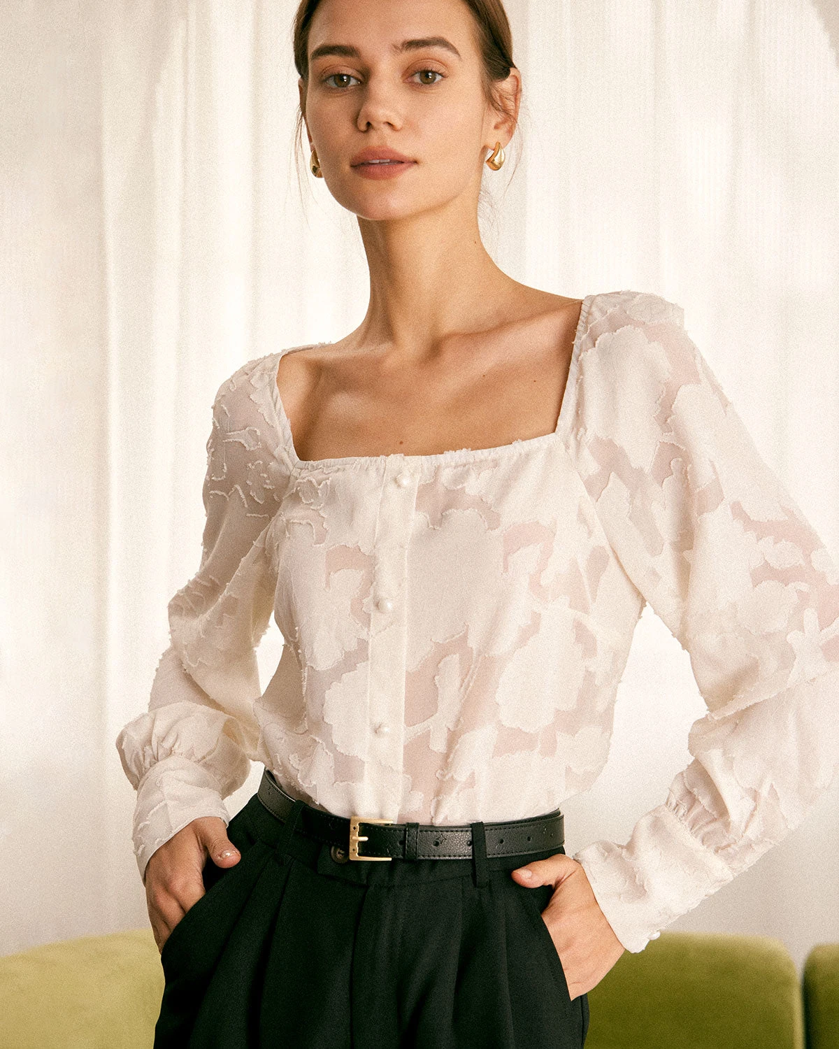 The Beige Square Neck Jacquard Blouse 3 The Beige Square Neck Jacquard Blouse - Image 3