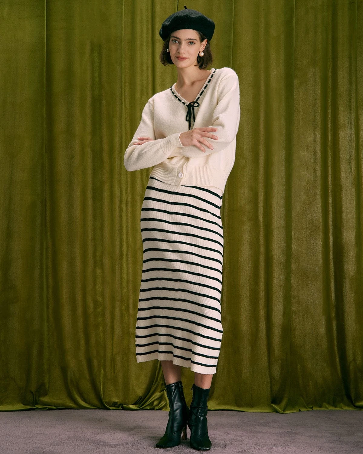 The Beige Elastic Waist Striped Knit Midi Skirt 1 The Beige Elastic Waist Striped Knit Midi Skirt