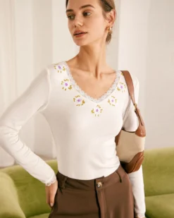 The Beige V Neck Floral Embroidery Knit Top -Deals Dress N Swimwear Store the beige v neck floral embroidery knit top tops l6cc3j