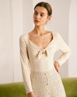 The Beige V Neck Polka Dot Knot Tee -Deals Dress N Swimwear Store the beige v neck polka dot knot tee tops nvly11